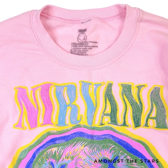 Nirvana Rainbow Smiley Face Paint Brush Stroke Pink Sweatshirt - Picture 3 of 4